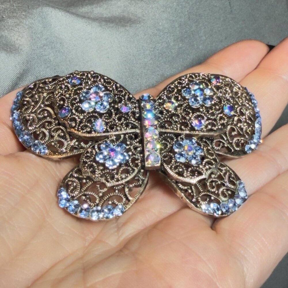 Butterfly Brooch Blue Rhinestone Filigree Crystal Pin Large Statement 3” - Picture 3 of 10